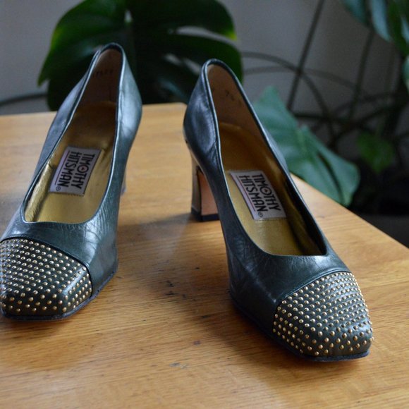 Nearly New Timothy Hitman Green Leather & Gold Dotted Metal Cap Toe VINTAGE 80s - Picture 3 of 8